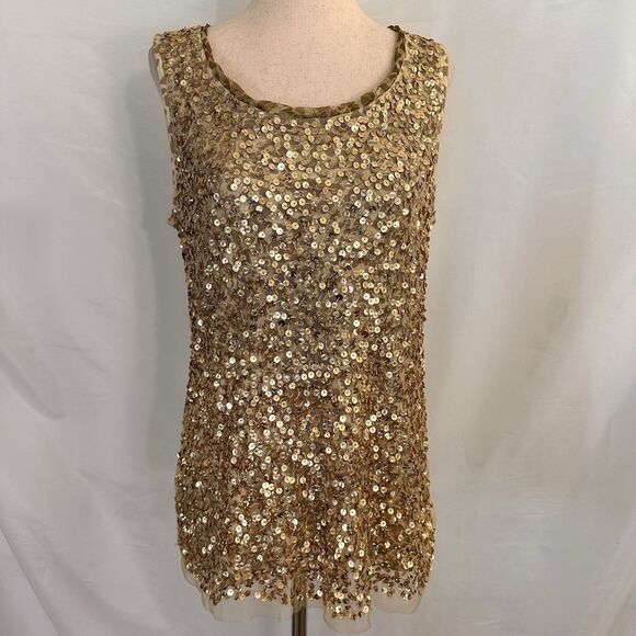 NEW Chico's Gold Sequin GLAM Fancy Mesh Shell Tank Top Animal Size 1 Medium - Picture 1 of 9
